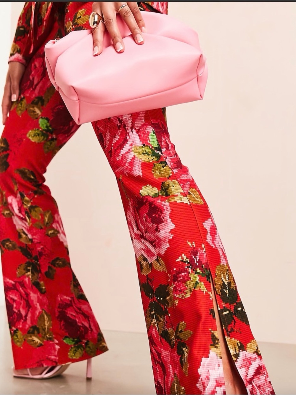 ASOS LUXE Pixelated Rose Floral Print Pants Flare Red Size 8 - Picture 4 of 8